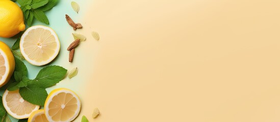 Poster - Top down view of ginger tea with lemon honey mint leaf against isolated pastel background Copy space with space for text