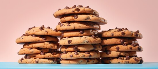 Poster - Stacked chocolate chip cookies against a isolated pastel background Copy space