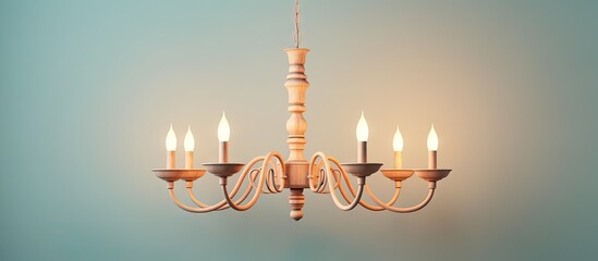 Canvas Print - Wood chandelier illuminated against isolated pastel background Copy space