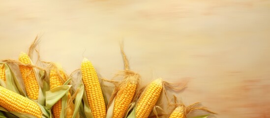Poster - Ripe yellow corn sits on the counter isolated pastel background Copy space
