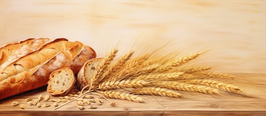 Poster - Loaf of wheat bread with ears of grain on a cutting board Food bakery items isolated pastel background Copy space
