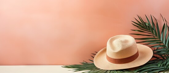 Wall Mural - Palm leaf hat photographed on a isolated pastel background Copy space