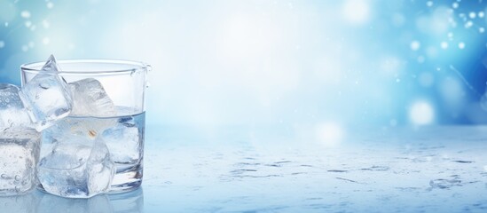 Poster - Water and ice in a cup ice on a black marble background with lens bokeh and light isolated pastel background Copy space