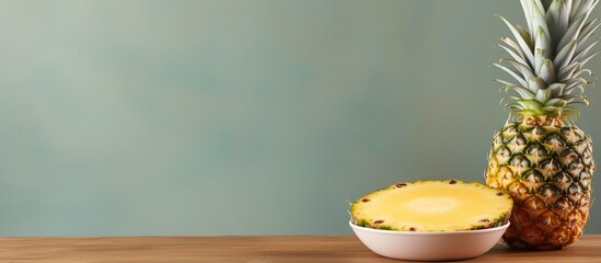 Poster - Pineapple fruit and slices on black plate on isolated pastel background Copy space en table