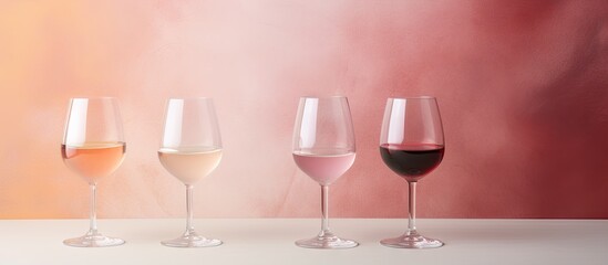Aufkleber - Three wine glasses containing white rosé and red wine isolated pastel background Copy space