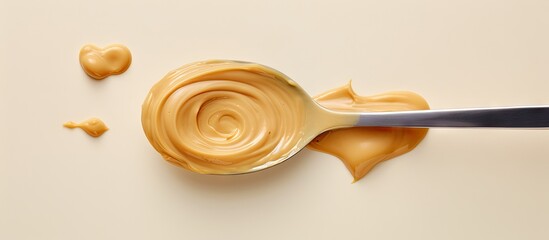 Poster - Peanut butter on a spoon against isolated pastel background Copy space American morning delight