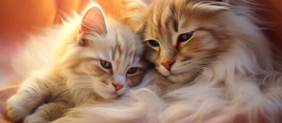 Poster - Two red Siberian kittens resting together in their den set against a isolated pastel background Copy space