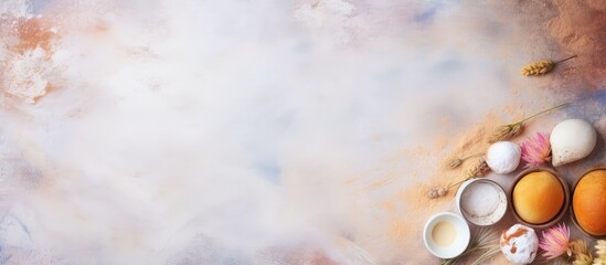 Poster - Table set for baking with space for text viewed from above isolated pastel background Copy space