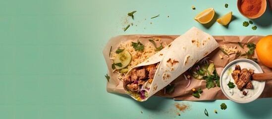 Poster - Shawarma meal with fries and garlic sauce isolated on a isolated pastel background Copy space