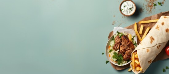 Poster - Shawarma meal with fries and garlic sauce isolated on a isolated pastel background Copy space