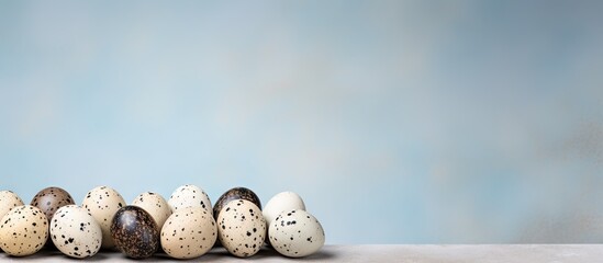 Poster - Painted quail eggs for Easter on a isolated pastel background Copy space