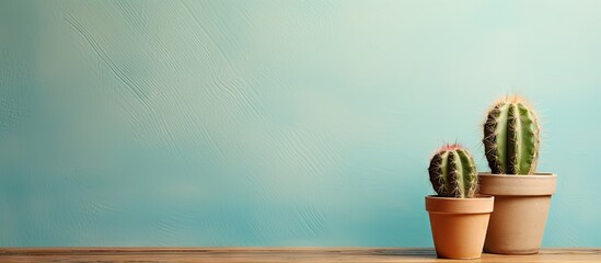 Poster - Observing the petite cactus on the wooden table isolated pastel background Copy space