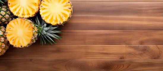 Poster - Pineapple fruit and slices on black plate on isolated pastel background Copy space en table
