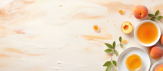 Aufkleber - On the table there is a white plate with fresh cheese seeds and a tasty apricot jam isolated pastel background Copy space