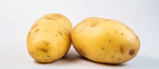 Poster - Yellow potatoes with a shape are sorted on a isolated pastel background Copy space