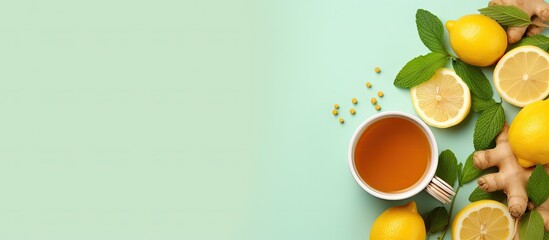 Poster - Top down view of ginger tea with lemon honey mint leaf against isolated pastel background Copy space with space for text