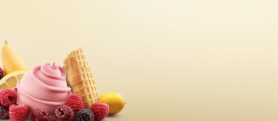 Poster - Sweet food with lemon and cranberry on isolated pastel background Copy space is ice cream in cones