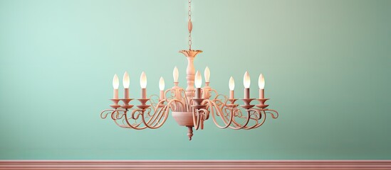 Poster - Wood chandelier illuminated against isolated pastel background Copy space