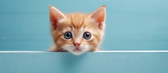Poster - Small red kitten rests in blue box isolated pastel background Copy space