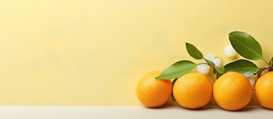 Poster - Three whole Kumquat and one sliced on a isolated pastel background Copy space seen from the front