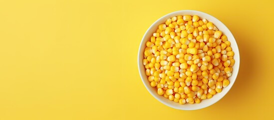 Poster - Yellow corn in a black bowl isolated in isolated pastel background Copy space