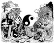 Chinese Dragon and White Tiger Encounter at the Waterfall. Celestial feng shui animals. Mythological creatures facing each other surrounded by water waves. Yin Yang symbol. Black and white graphic sty