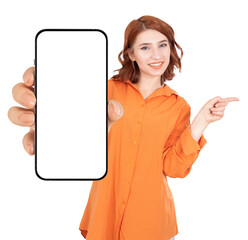 Application advertising, smiling pretty happy caucasian woman holding showing smartphone white empty blank screen device mock up. Pointing index finger aside away copy space. Banner design  element.