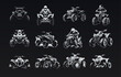 © artyway - ATV icon set. Monochrome four-wheel hand-drawn label collection evokes adventure and speed, ideal for vintage and retro-inspired logo design, t-shirt print. Vector illustration