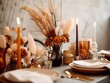 © Daria Minaeva - Beautiful fall table setting, autumn dinner table decoration with flowers and candles, holiday event decor in orange and yellow colors