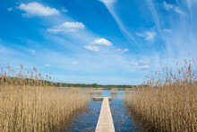 Wooden Footbridge And Reeds On The Lake At Cloudy Sunny Day.