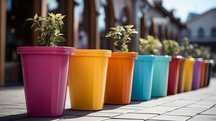 Wall Mural - Multi-colored flower pots on the street ,Generative AI