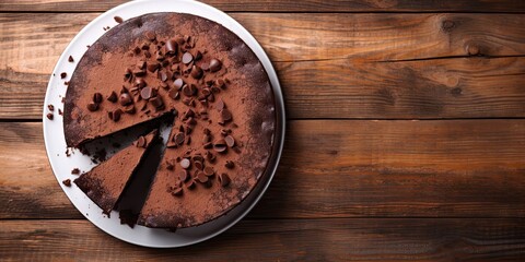 Sweet temptation. Dark chocolate cake on wooden table. Delightfully sinful. Closeup of gourmet dessert. Homemade cocoa