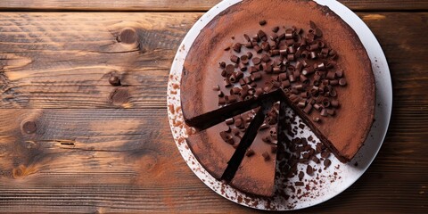 Wall Mural - Sweet temptation. Dark chocolate cake on wooden table. Delightfully sinful. Closeup of gourmet dessert. Homemade cocoa