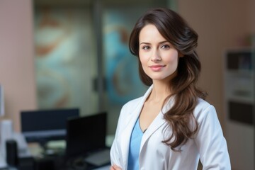 Wall Mural - Portrait of a young brown-haired doctor in a white coat on the background of a medical office.