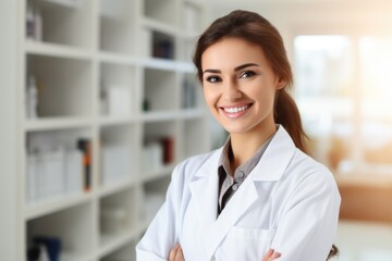 Wall Mural - Portrait of a young smiling brown-haired doctor in a white coat against the background of a medical office.