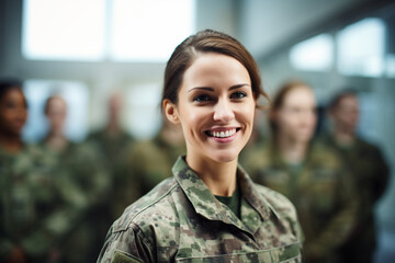 Female Servicewoman Inspiring Her Team, with copy space