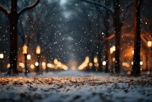 A delightful background image for creative content, featuring a snowy park with trees alongside and a blurred background. Photorealistic illustration, Generative AI