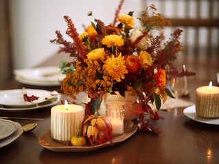 Canvas Print - Beautiful fall table setting, autumn dinner table decoration with flowers and candles, holiday event decor in orange and yellow colors