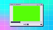 Retro Media Player On Pc Desktop With Green Screen And Play Icon. Retro 90s Style Animated Background