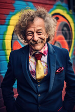 Positive Old Aged Man In Elegant Suit And Tie Smiling And Looking At Camera While Standing Against Colorful Wall With Graffiti. Generative AI