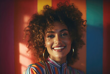 Happy Young Woman With Curly Hair Smiling And Looking Away While Standing Against Colorful Background. Generative AI