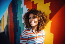 Cheerful Young Woman With Curly Ginger Hair Smiling And Looking Away While Leaning On Wall With Colorful Graffiti. Generative AI
