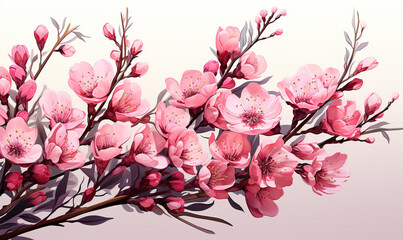 Wall Mural - Drawn, a branch with pink flowers on a white background.