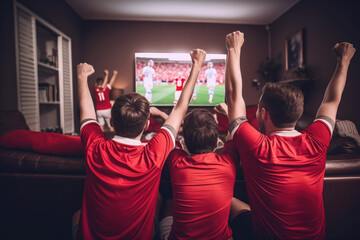 Sport fans party cheer and celebrating a winning tournament and watching TV at home. Generative AI