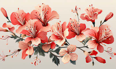 Wall Mural - Drawn, branch with red flowers on a white background.