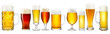 set collection of varoious german and international fresh beer in oktoberfest mug and glass isolated  white background