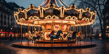 Intricately Designed Magical Carousel With Fantasy Creatures Creating Using, Carousel With Lights On It In A Large City Background, Carrousel In The City Park Beautiful ,  Generative Ai