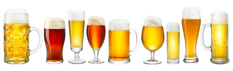 set collection of varoious german and international fresh beer in oktoberfest mug and glass isolated  white background