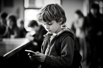 Aufkleber - black and white photo of a boy student with a smartphone at school.