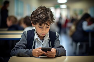 Aufkleber - Caucasian boy at school watching smartphone.